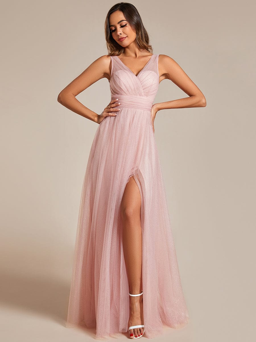 Glittering High Slit Sleeveless Bridesmaid Dress with Empire Waist