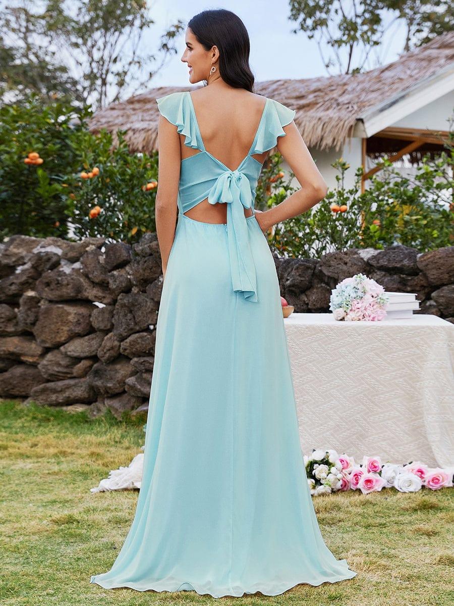 blue bow bridesmaid dress High Slit U-Neck Chiffon with Ruffle Sleeves and Open Back Detail Stand out in a recommended-product:shearling-midi-coat-black Plus Size Purple Bridesmaid Women's Size:6.5