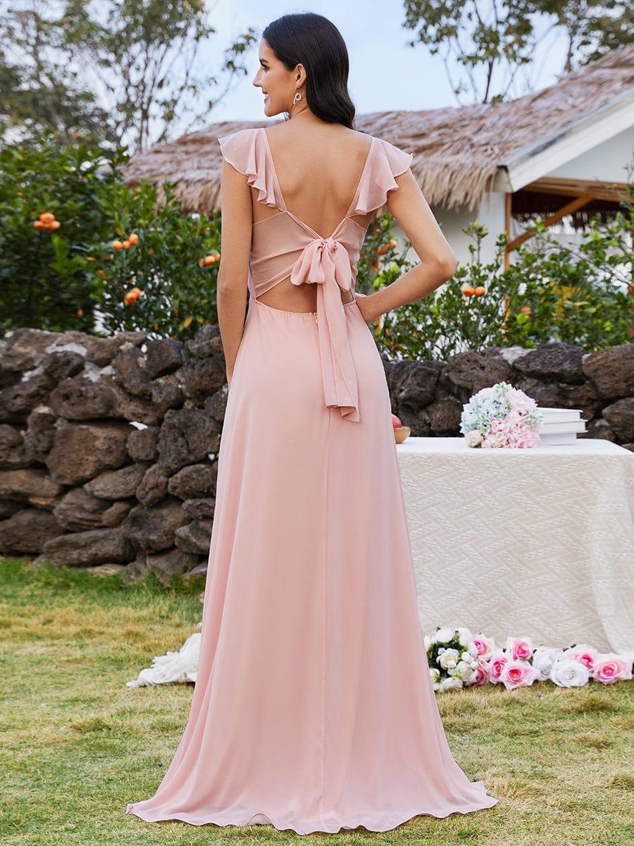 Bow-Tie Back Ruffle Sleeve Chiffon Bridesmaid Dress with High Slit and U-Neck #color_Pink