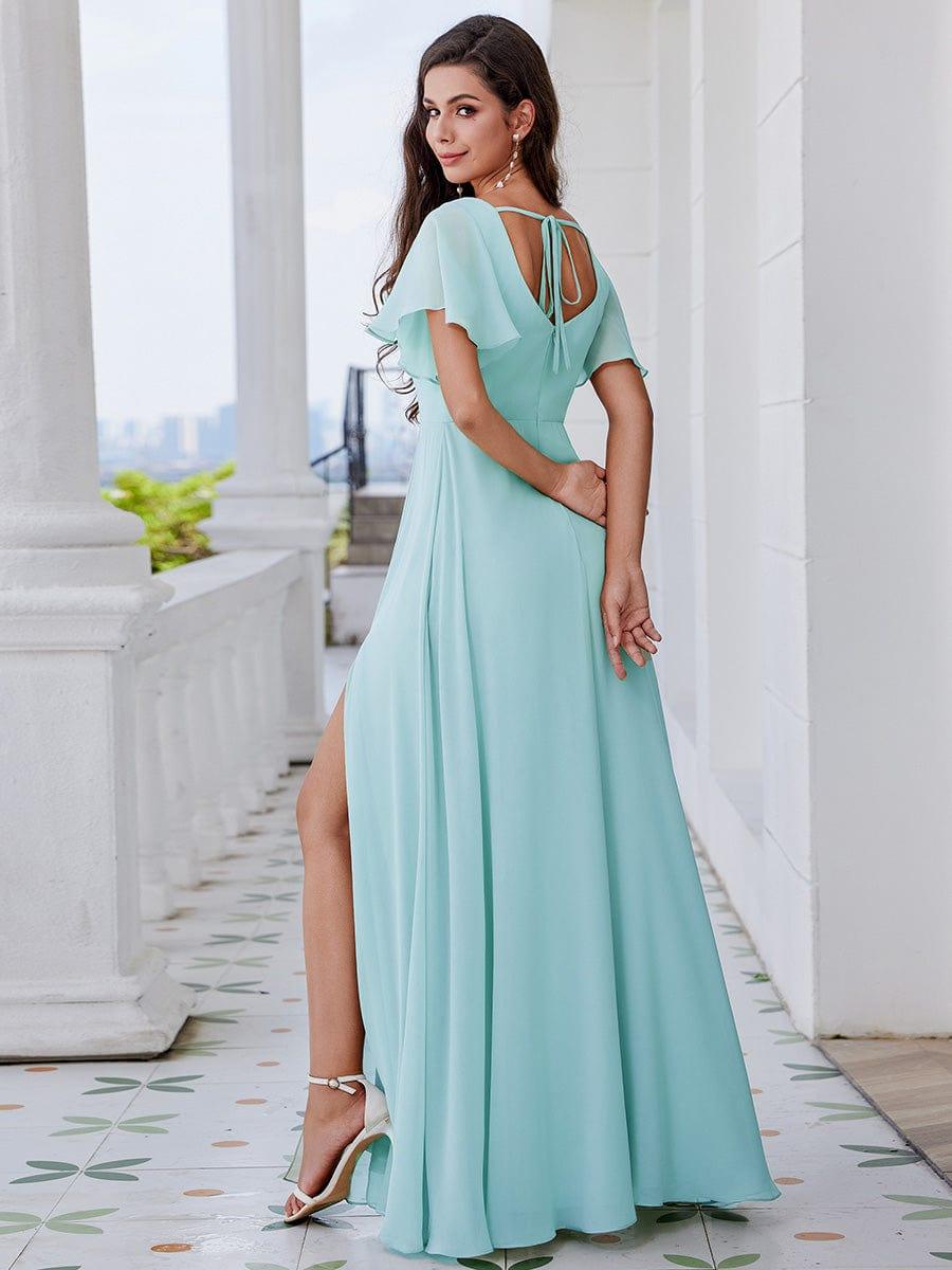 U-Neck and Back Tie High Slit Bridesmaid Dress with Ruffle Sleeves #color_Sky Blue