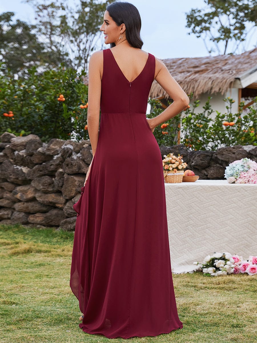 Chic High-Low V-Neck Chiffon Bridesmaid Dress with Front Pleating #color_Burgundy