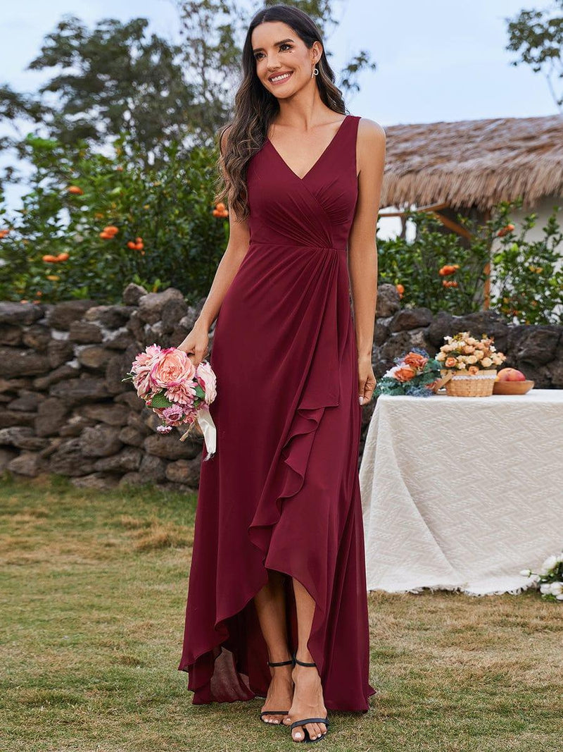 V-Neck Sleeveless High-Low Bridesmaid Dress with Waist Pleating