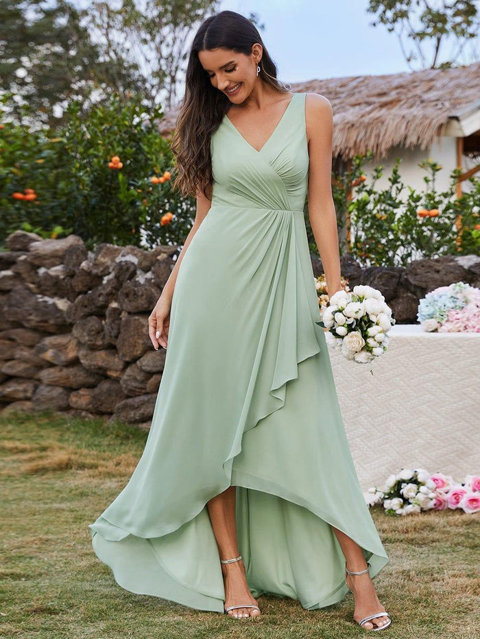 V-Neck Sleeveless High-Low Bridesmaid Dress with Waist Pleating