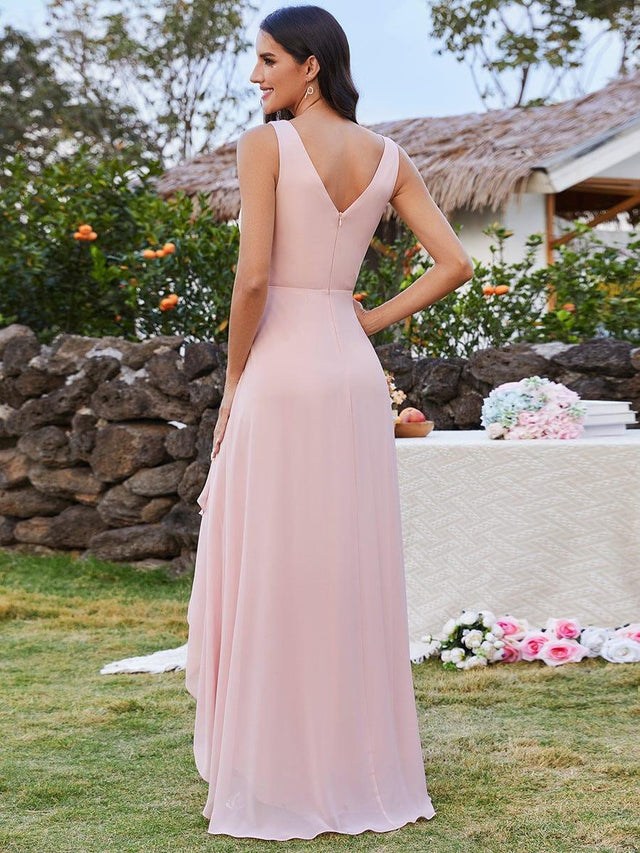 V-Neck Sleeveless High-Low Bridesmaid Dress with Waist Pleating