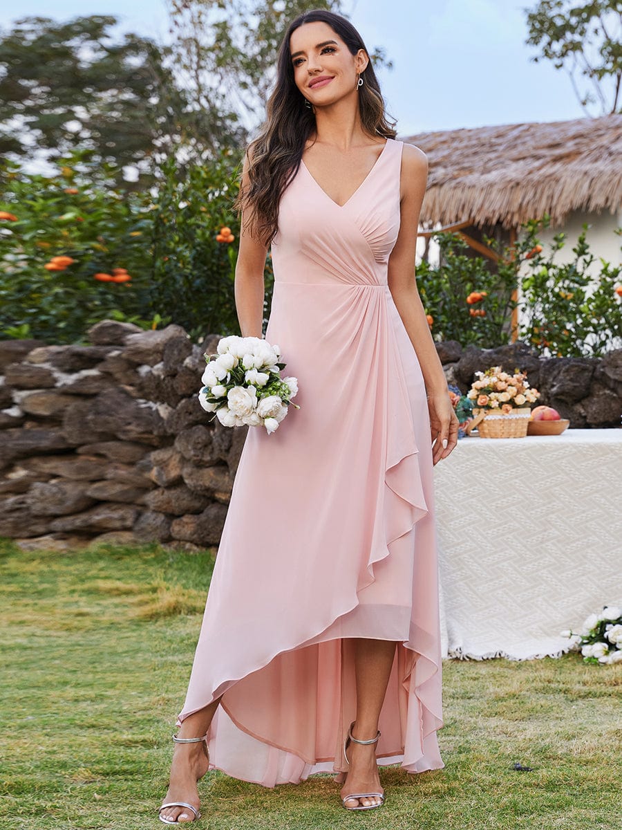 Chic High-Low V-Neck Chiffon Bridesmaid Dress with Front Pleating #color_Pink