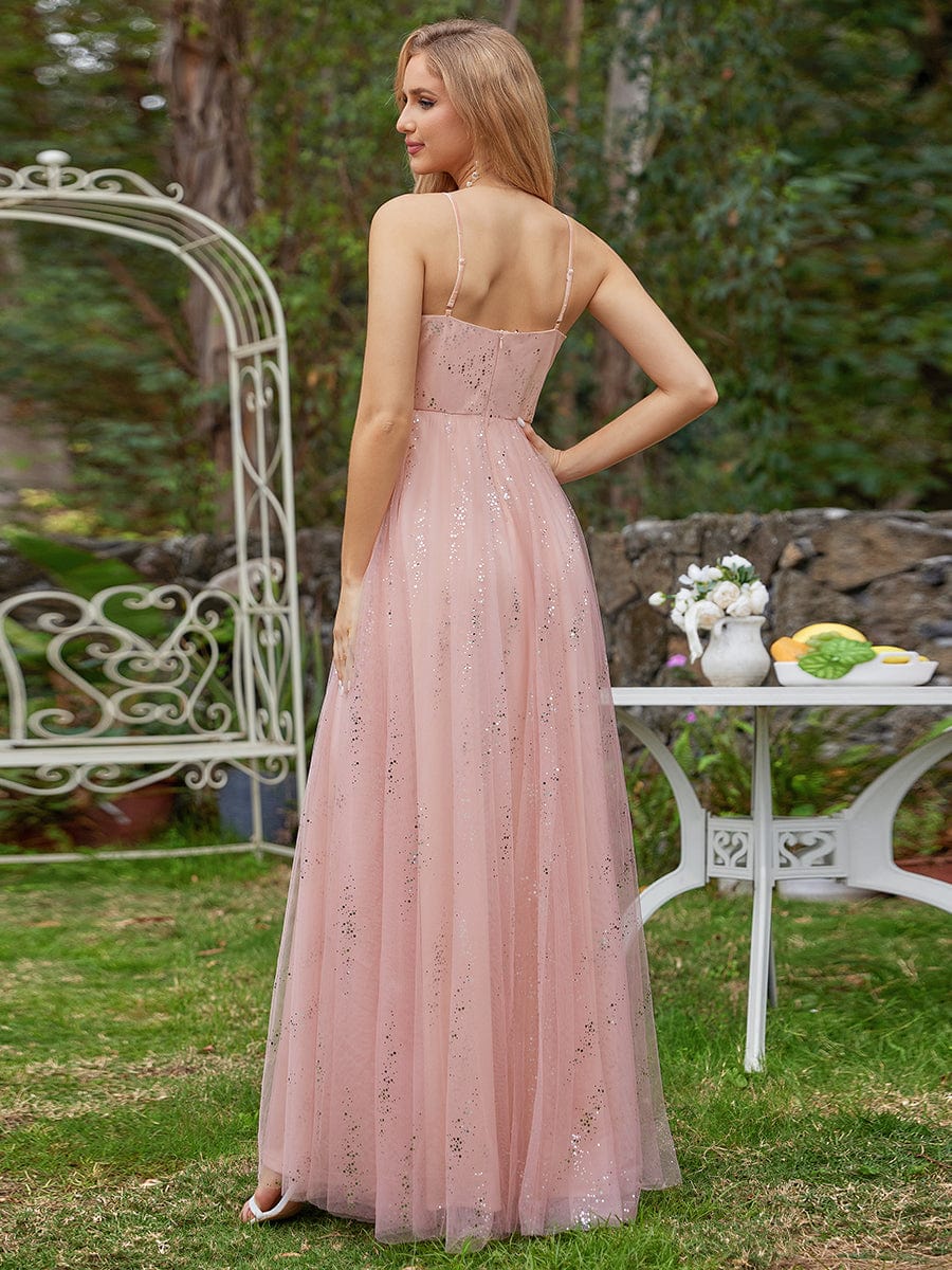 Sequined V-neck Tulle Bridesmaid Dress with empire waist #color_Pink