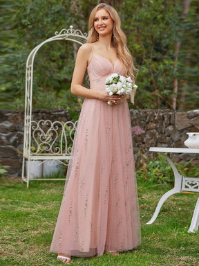 Sequined V-neck Tulle Bridesmaid Dress with empire waist