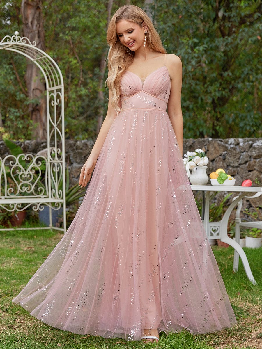 Sequined V-neck Tulle Bridesmaid Dress with empire waist #color_Pink