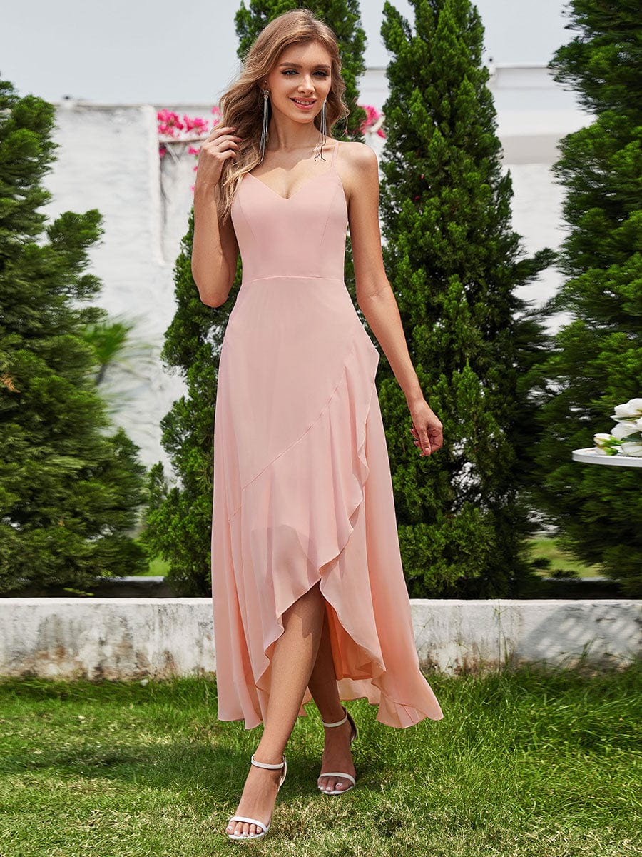 Charming Sleeveless Chiffon Lotus Leaf Bridesmaid Dress with V-Neck #color_Pink
