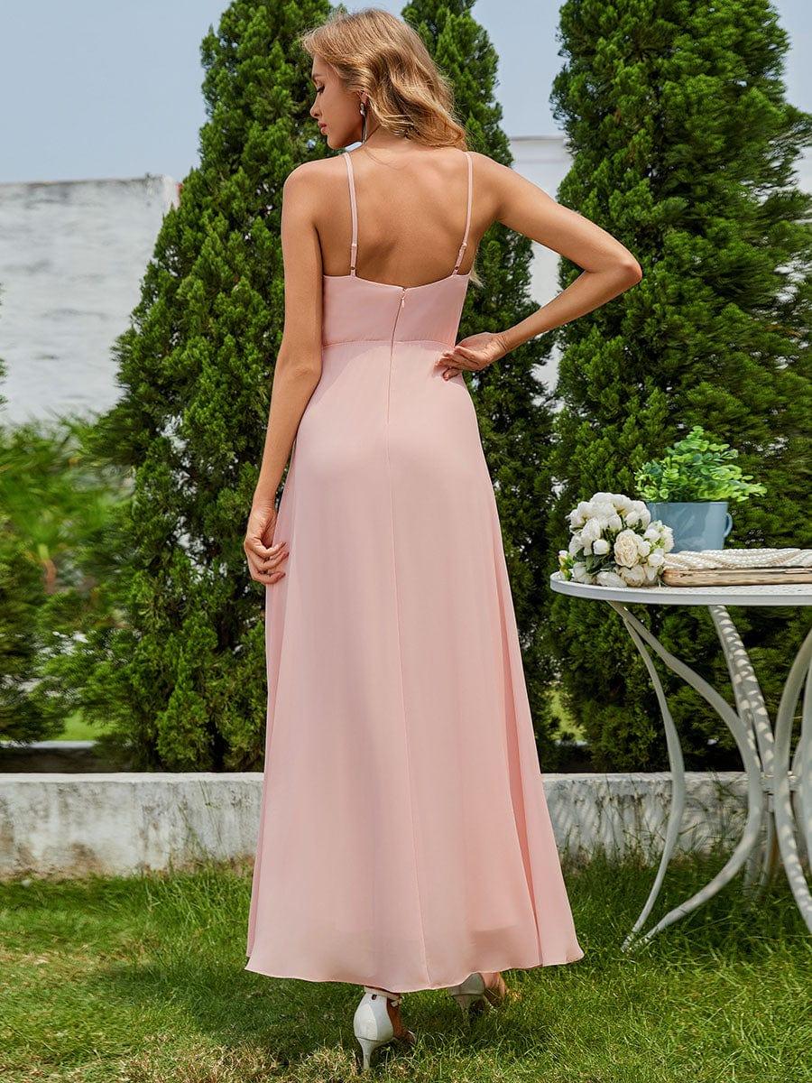 Charming Sleeveless Chiffon Lotus Leaf Bridesmaid Dress with V-Neck #color_Pink