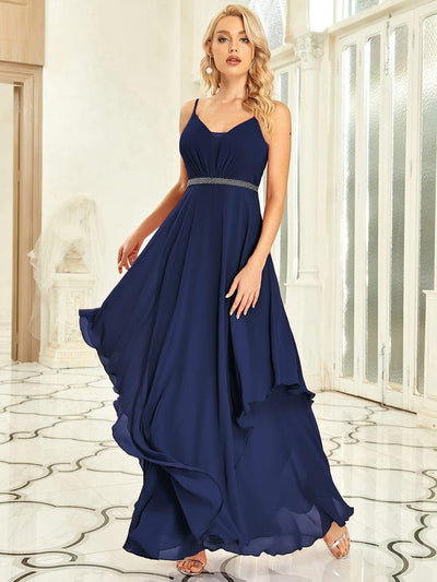 Ruffle Hem and Pearl Waist Detail V-Neck Backless Chiffon Bridesmaid Dress #color_Navy Blue