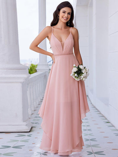 Ruffle Hem and Pearl Waist Detail V-Neck Backless Chiffon Bridesmaid Dress #color_Pink