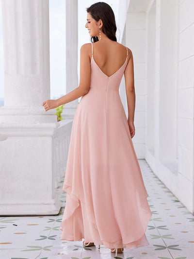 Ruffle Hem and Pearl Waist Detail V-Neck Backless Chiffon Bridesmaid Dress #color_Pink