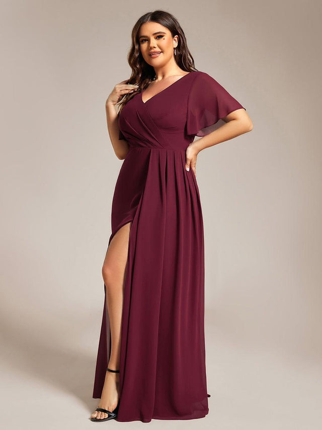 Chiffon Bottom Lace Top Bridesmaid Dress with Slit Gold Plus Size