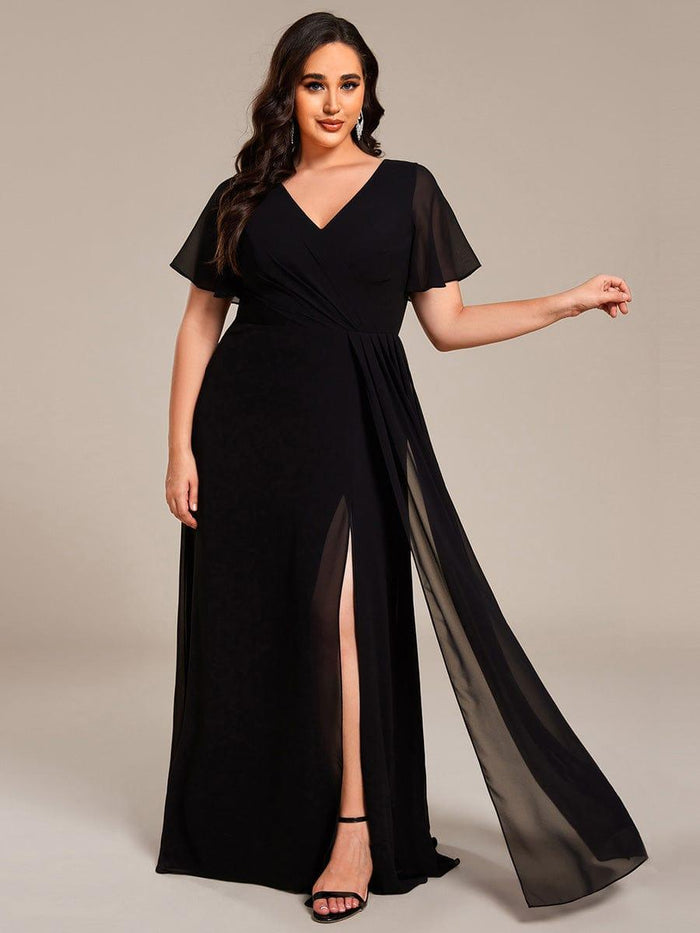 Long Queen's Gown Chiffon Dress with Slit and V Neck Steel Grey Plus Size