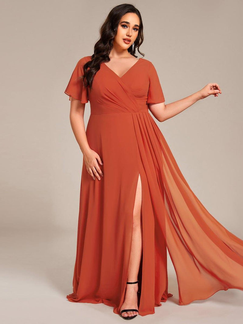 CASCADE SKIRT Long Chiffon Gowns with V Neck Red Plus Size
