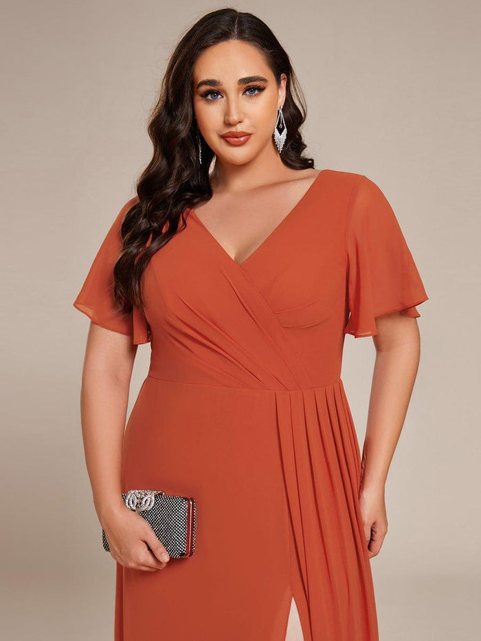 Chiffon Bridesmaid Gown with Slit and Cap Sleeves Watermelon Plus Size