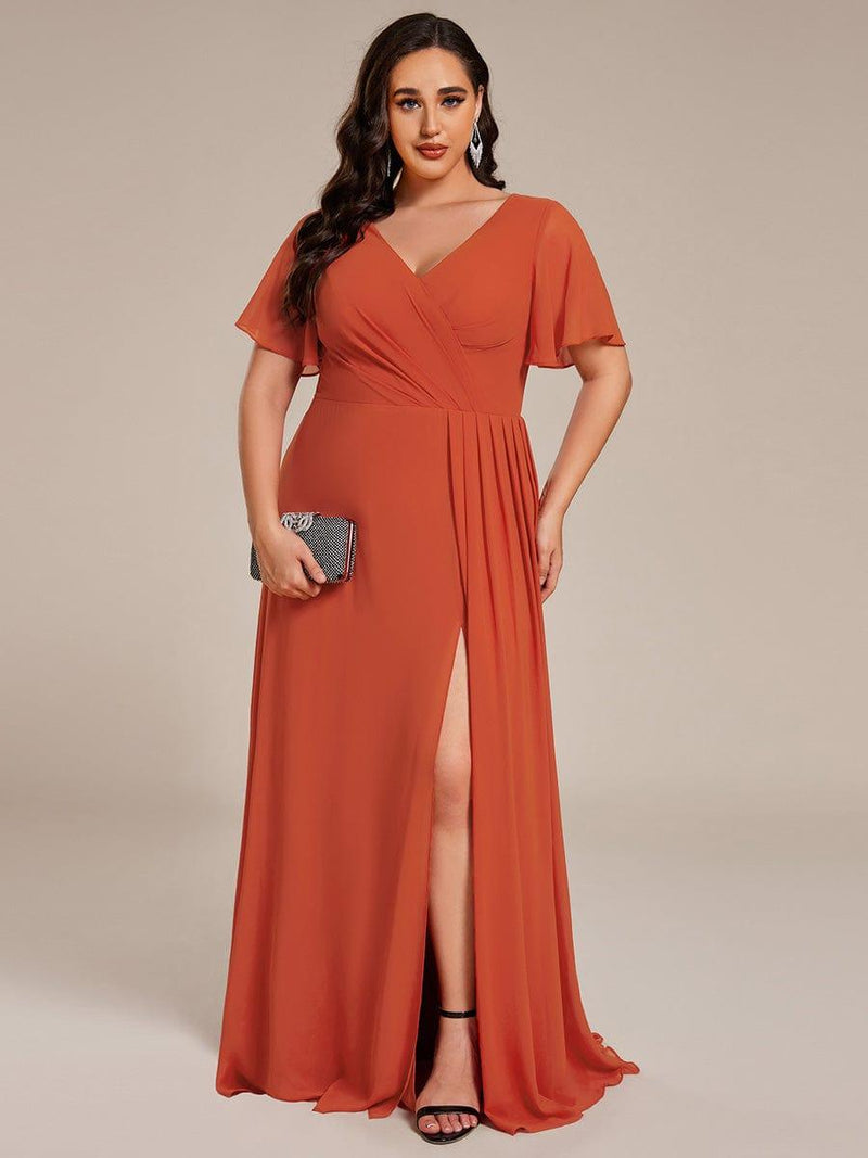 Chiffon Bottom Lace Top Bridesmaid Dress with Slit Terracotta Plus Size main image 0