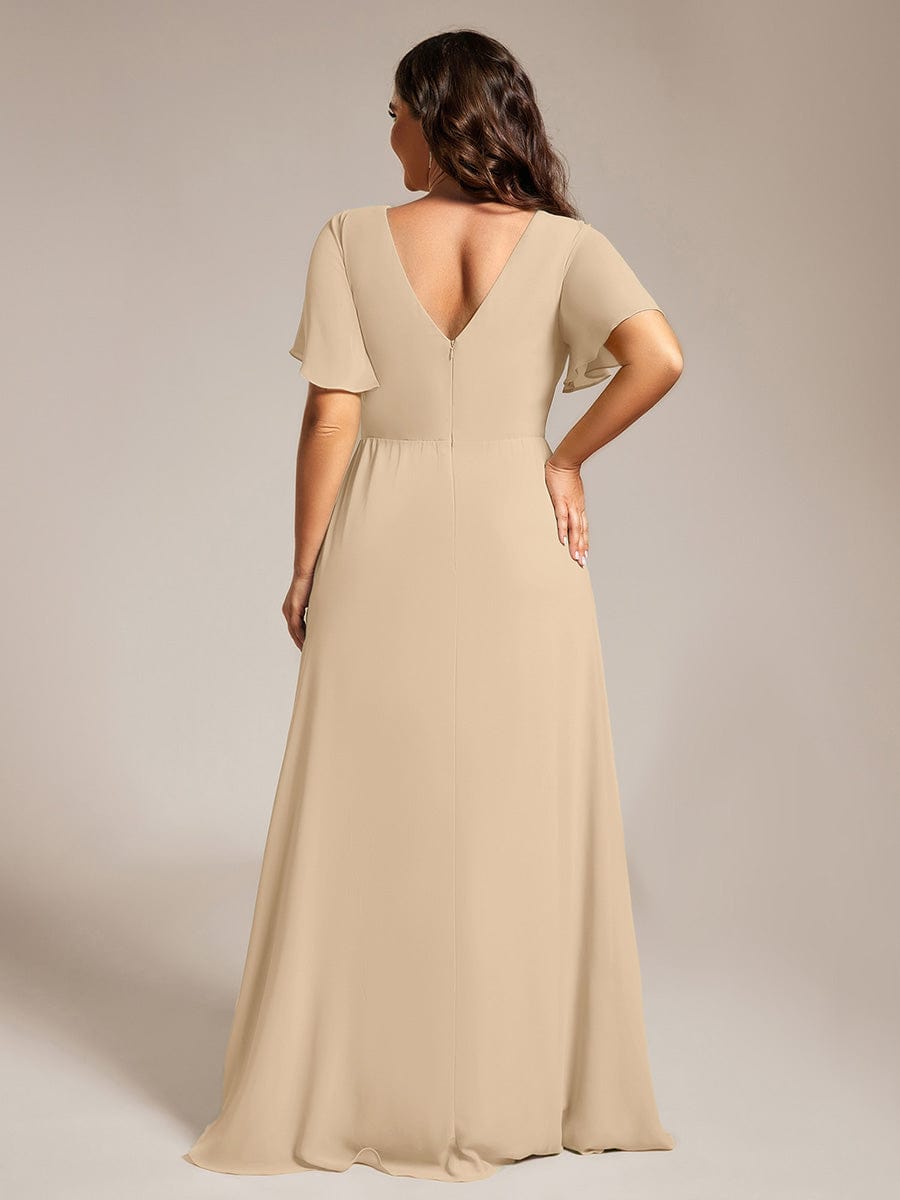Plus Size High Slit V-Neck Empire Waist Chiffon Bridesmaid Dress #color_Champagne