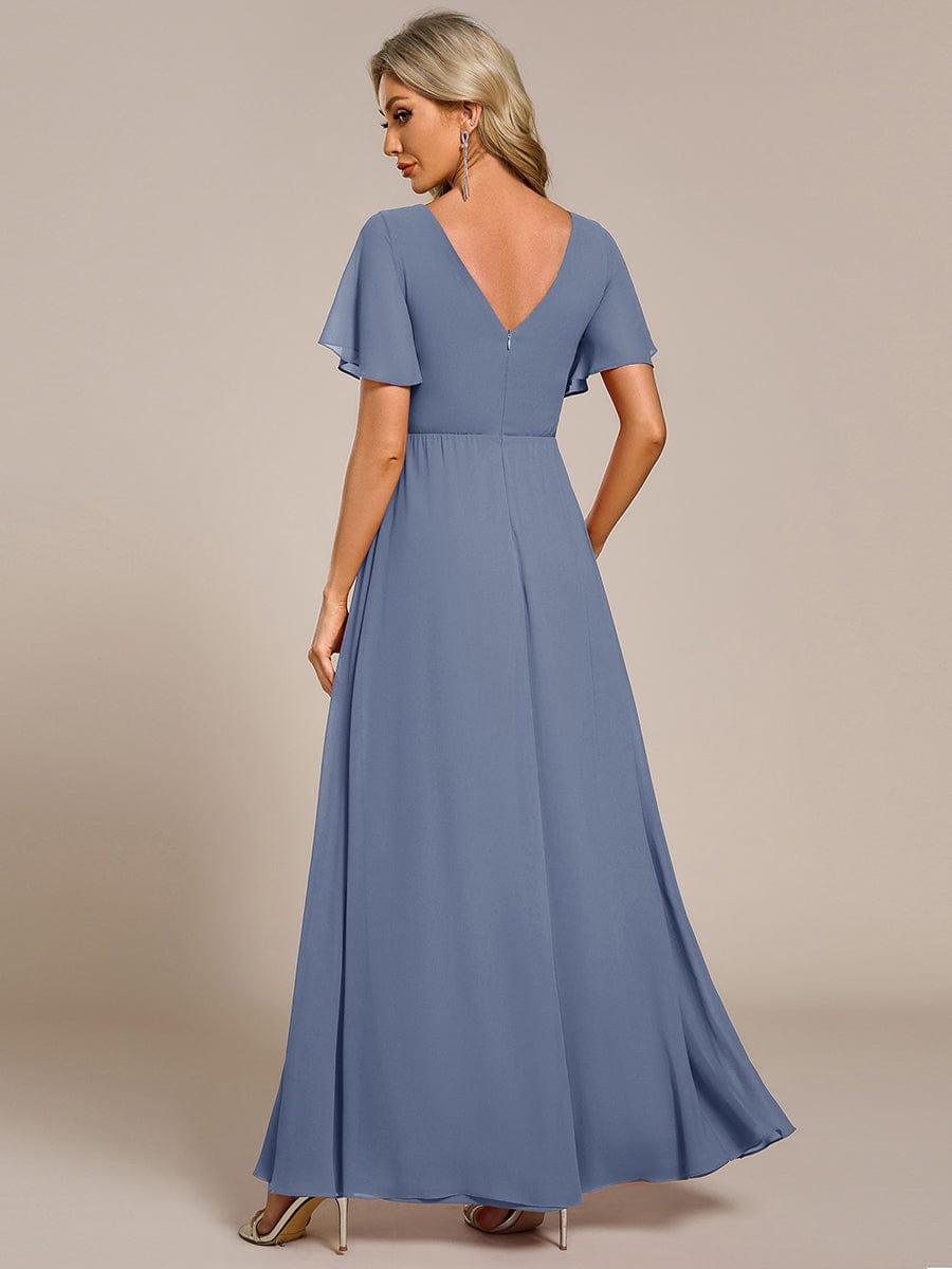 High Slit V-Neck Chiffon High Waist Bridesmaid Dress with Ruffle Sleeve #color_Dusty Blue