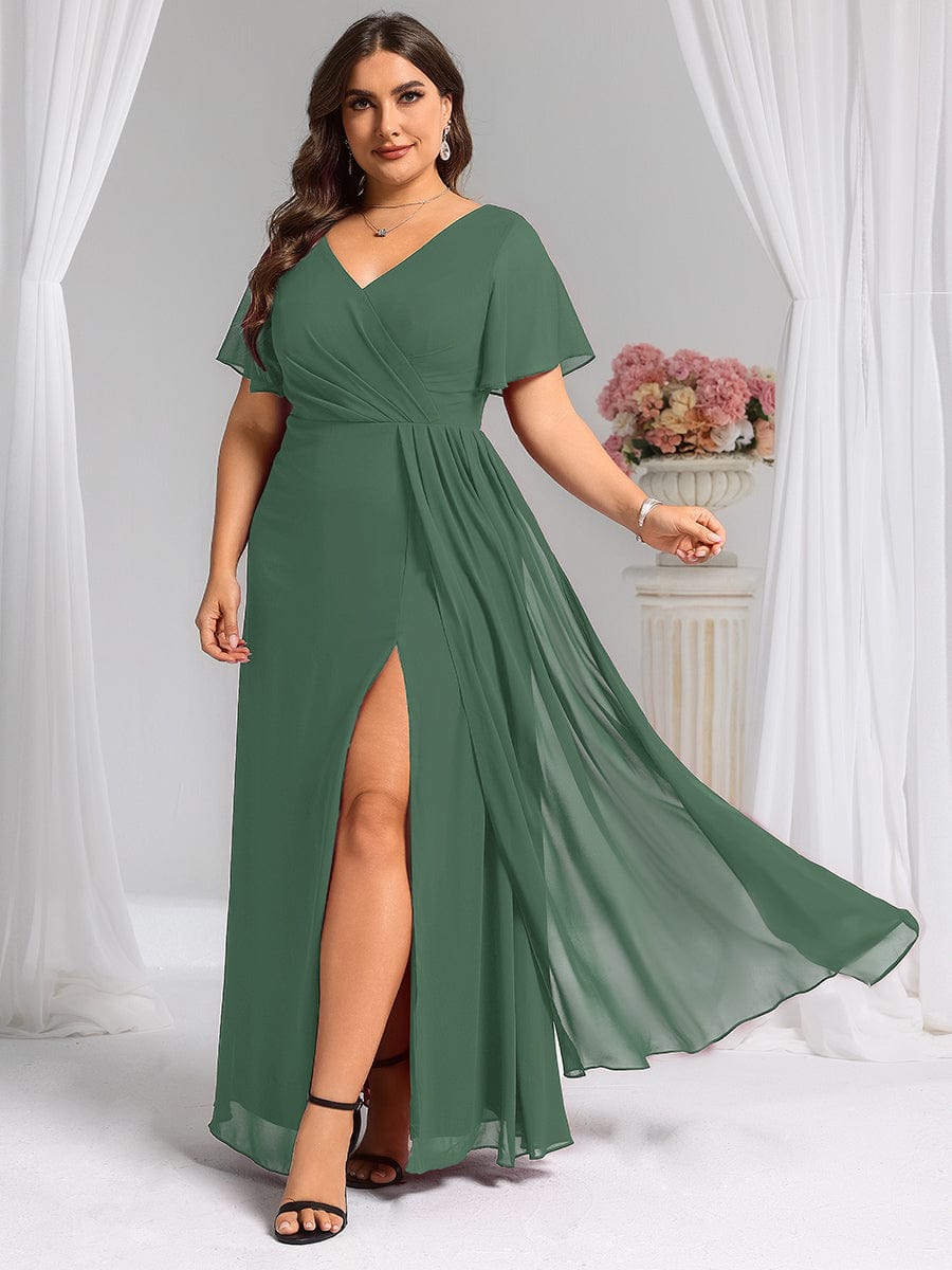High Slit V-Neck Chiffon High Waist Bridesmaid Dress with Ruffle Sleeve #color_Eucalyptus