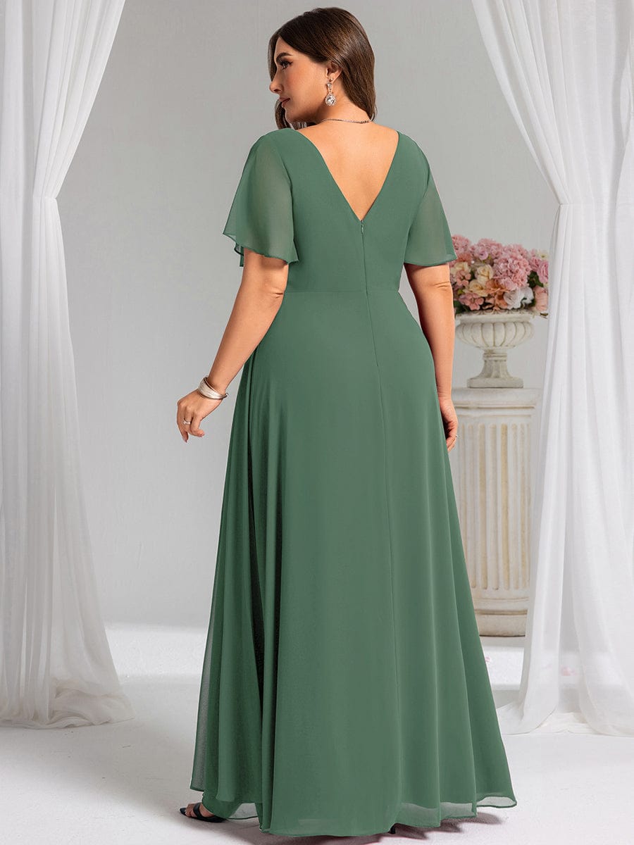 High Slit V-Neck Chiffon High Waist Bridesmaid Dress with Ruffle Sleeve #color_Eucalyptus