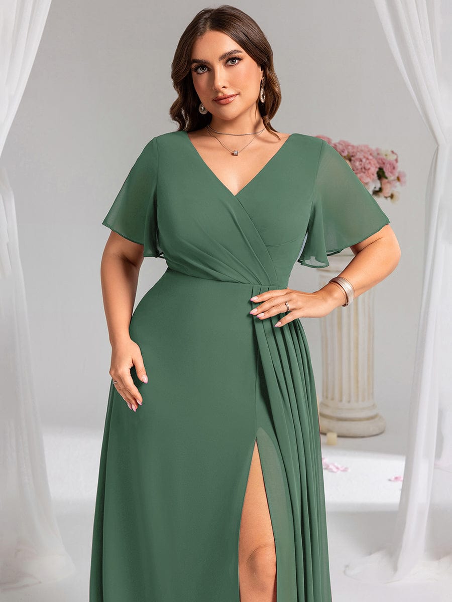 High Slit V-Neck Chiffon High Waist Bridesmaid Dress with Ruffle Sleeve #color_Eucalyptus