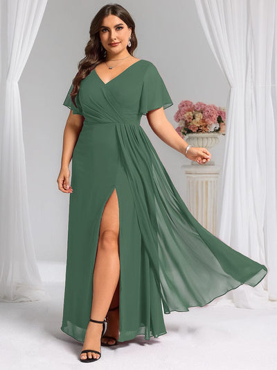 Plus Size High Slit V-Neck Empire Waist Chiffon Bridesmaid Dress #color_Eucalyptus