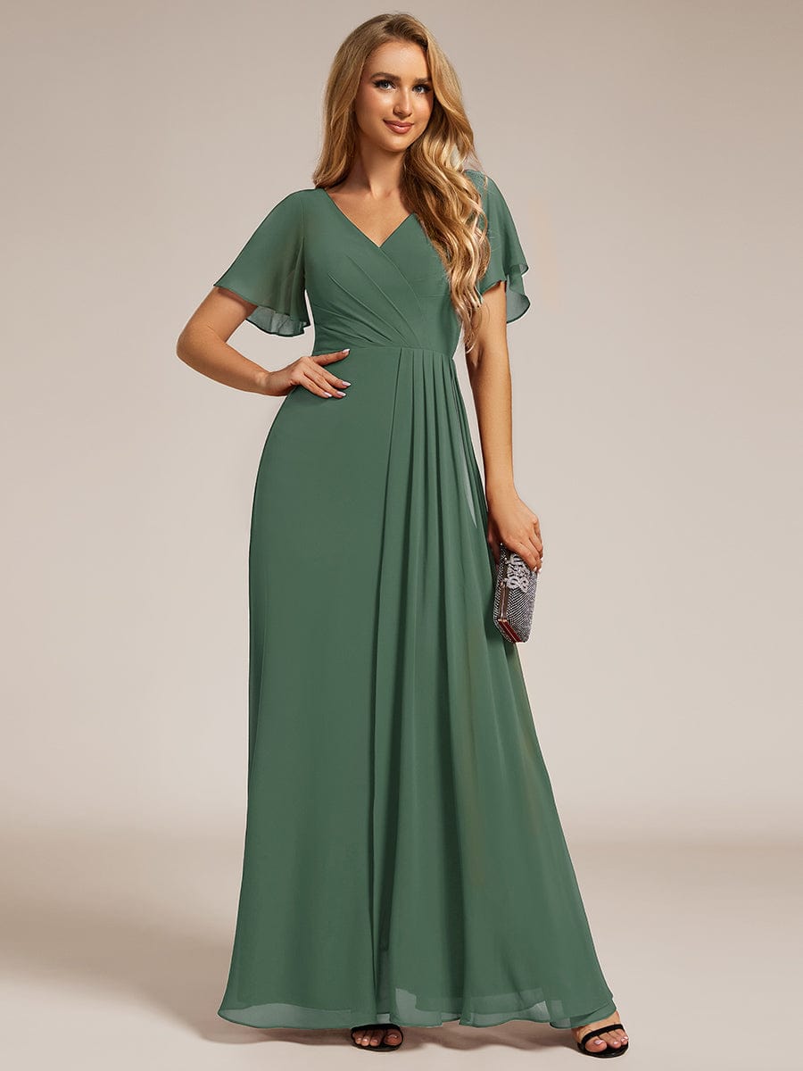 High Slit V-Neck Chiffon High Waist Bridesmaid Dress with Ruffle Sleeve #color_Eucalyptus