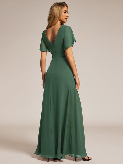 High Slit V-Neck Chiffon High Waist Bridesmaid Dress with Ruffle Sleeve #color_Eucalyptus