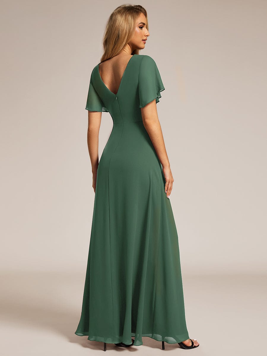 High Slit V-Neck Chiffon High Waist Bridesmaid Dress with Ruffle Sleeve #color_Eucalyptus