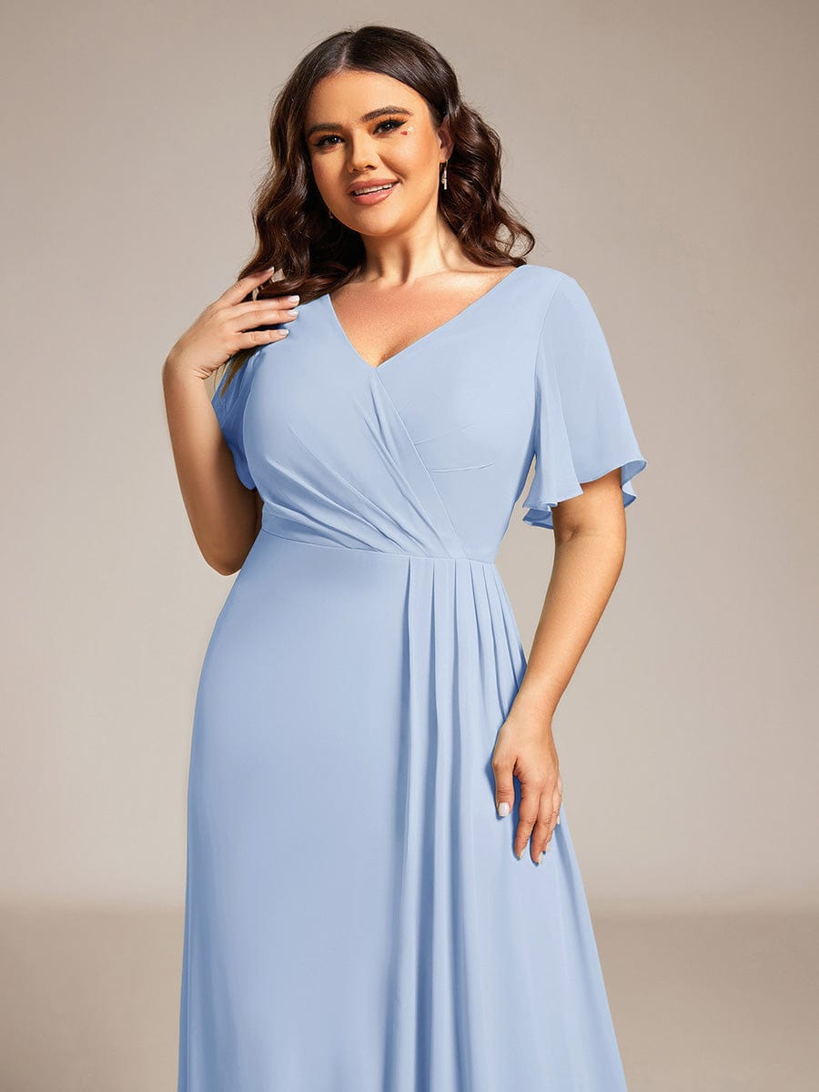 Plus Size High Slit V-Neck Empire Waist Chiffon Bridesmaid Dress #color_Ice Blue