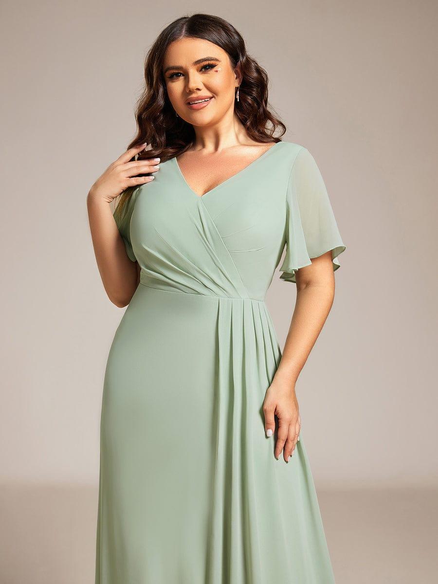 High Slit V-Neck Chiffon High Waist Bridesmaid Dress with Ruffle Sleeve #color_Mint Green