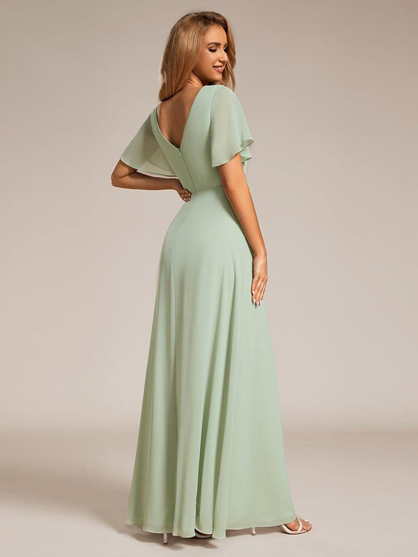 V-neck Long Chiffon Dress with Slit for Bridesmaids Dark Navy Plus Size