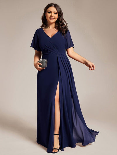 Plus Size High Slit V-Neck Empire Waist Chiffon Bridesmaid Dress #color_Navy Blue