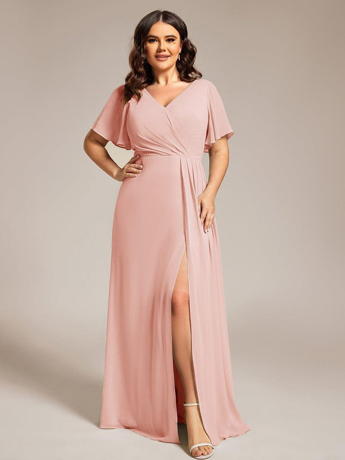 Chiffon Bridesmaid Gown with Slit and Cap Sleeves Lemon Plus Size