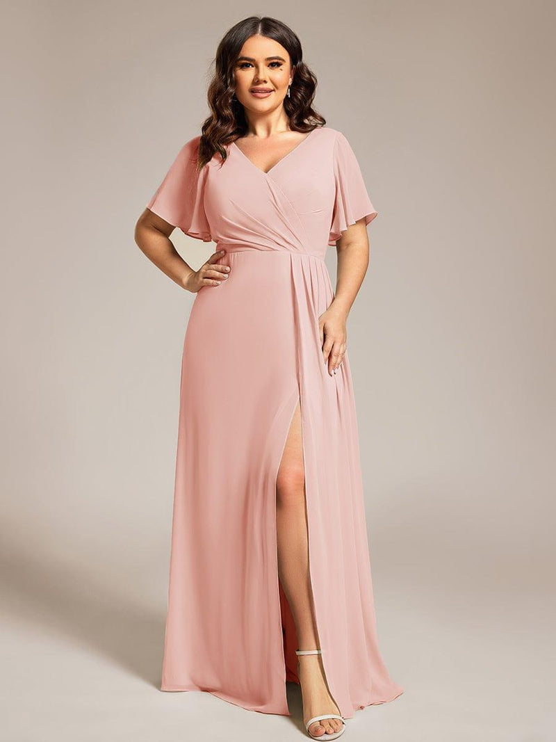 Long Queen's Gown Chiffon Dress with Slit and V Neck Marigold Plus Size