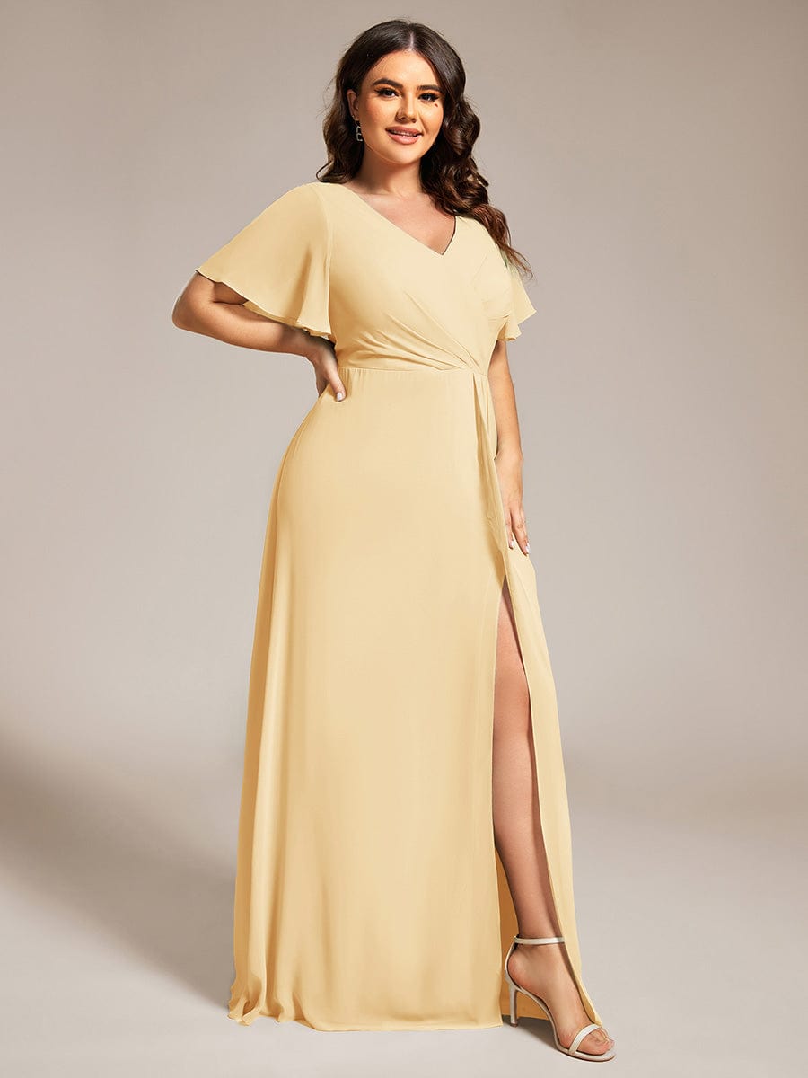 High Slit V-Neck Chiffon High Waist Bridesmaid Dress with Ruffle Sleeve #color_Yellow