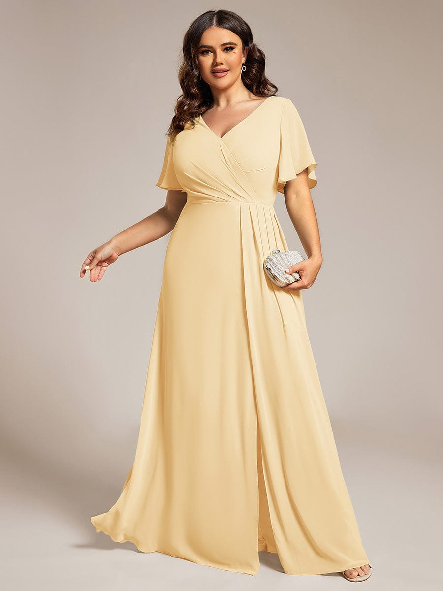 High Slit V-Neck Chiffon High Waist Bridesmaid Dress with Ruffle Sleeve #color_Yellow