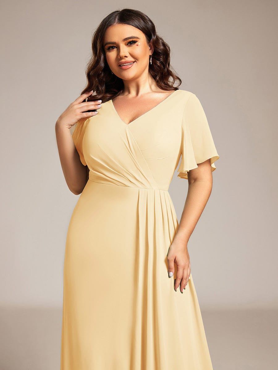High Slit V-Neck Chiffon High Waist Bridesmaid Dress with Ruffle Sleeve #color_Yellow