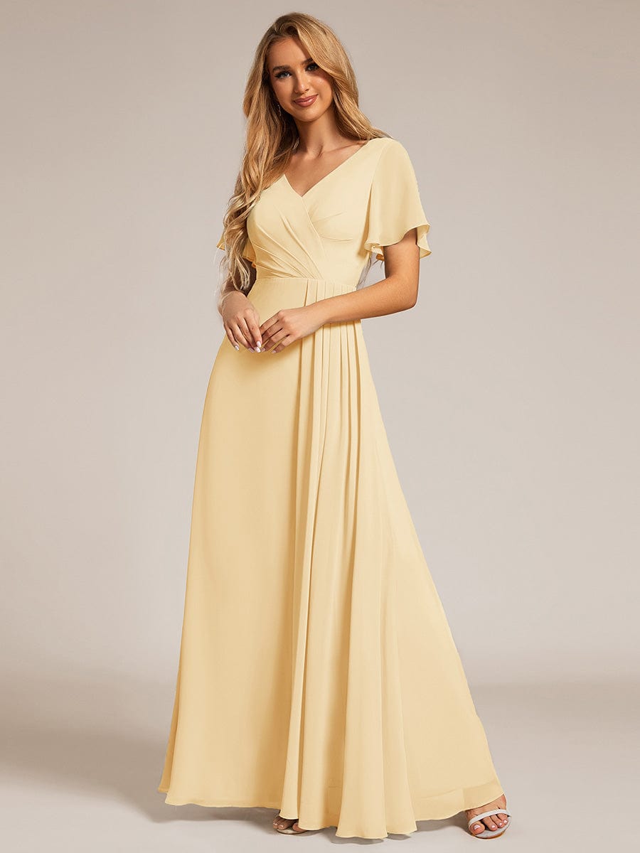 High Slit V-Neck Chiffon High Waist Bridesmaid Dress with Ruffle Sleeve #color_Yellow