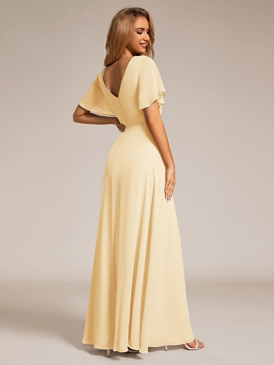 High Slit V-Neck Chiffon High Waist Bridesmaid Dress with Ruffle Sleeve #color_Yellow