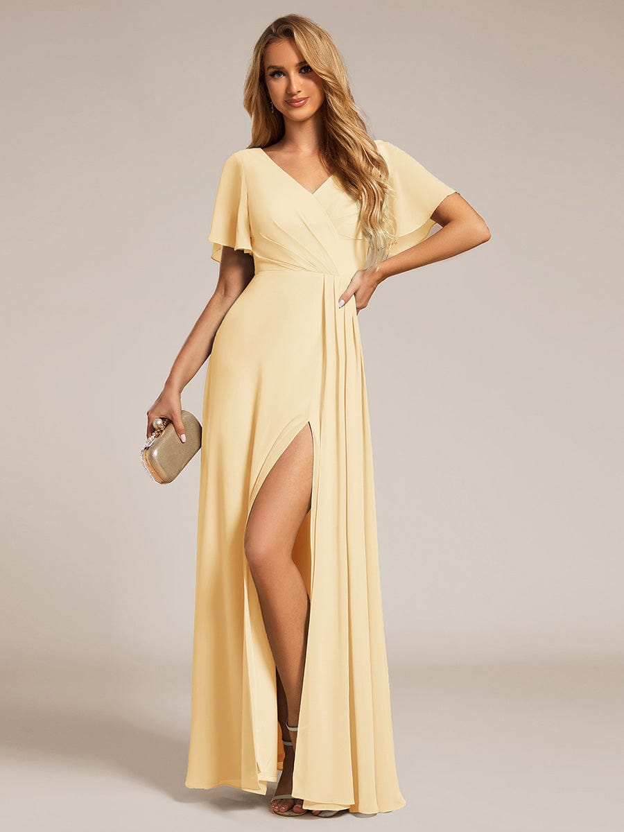 High Slit V-Neck Chiffon High Waist Bridesmaid Dress with Ruffle Sleeve #color_Yellow
