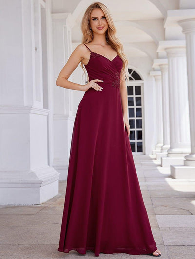 Elegant A-Line Applique Waist Sleeveless Bridesmaid Dress with V-Neck #color_Burgundy