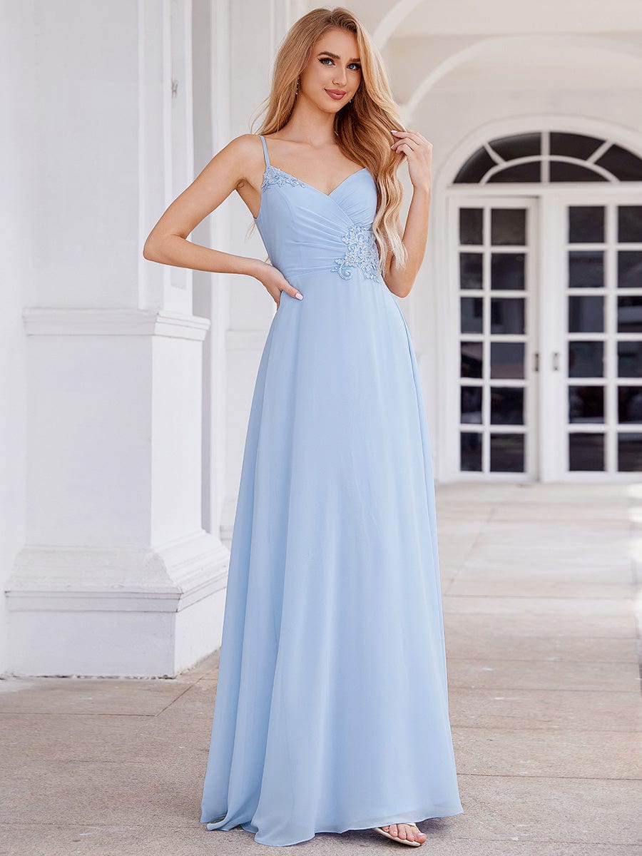 Elegant A-Line Applique Waist Sleeveless Bridesmaid Dress with V-Neck #color_Ice Blue