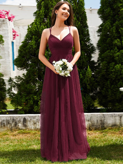 Chic Lace Sheer Back and Cross Straps V-Neck Sleeveless Bridesmaid Dress #color_Burgundy