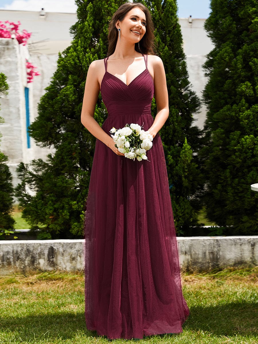 Chic Lace Sheer Back and Cross Straps V-Neck Sleeveless Bridesmaid Dress #color_Burgundy
