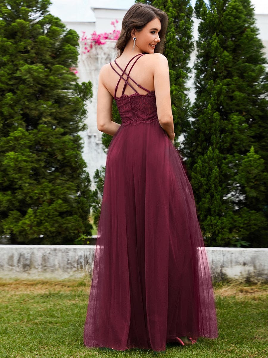Chic Lace Sheer Back and Cross Straps V-Neck Sleeveless Bridesmaid Dress #color_Burgundy