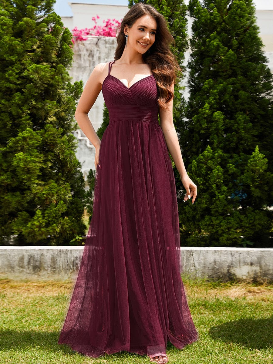 Chic Lace Sheer Back and Cross Straps V-Neck Sleeveless Bridesmaid Dress #color_Burgundy