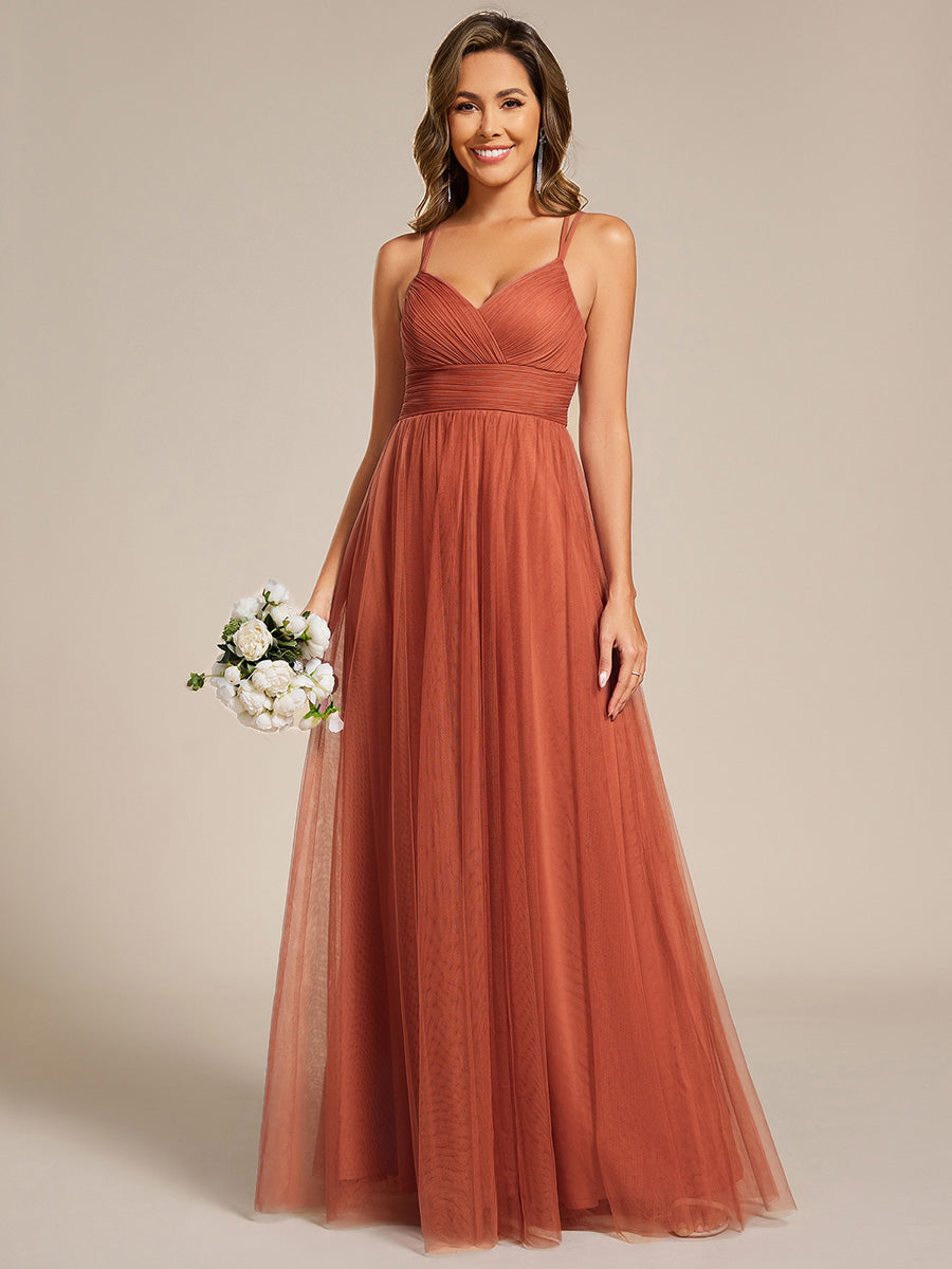 Chic Lace Sheer Back and Cross Straps V-Neck Sleeveless Bridesmaid Dress #color_Burnt Orange